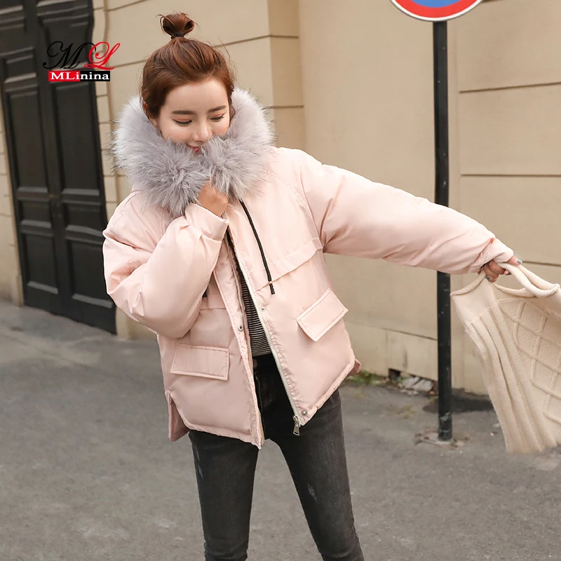 MLinina Short Parkas Loose Down Cotton Coats Winter Women Fur Collar