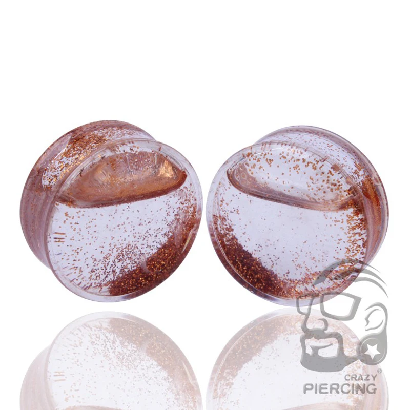 Brown Shining Powder Liquid Design Clear Transparent Acrylic Ear Plugs