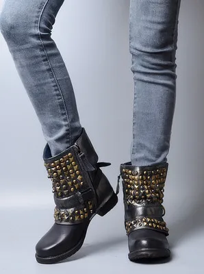 grey(leather in) Prova Perfetto/Модные женские ботинки с заклепками в нейтральном стиле, с ремешком и молнией сбоку; короткие сапоги в стиле панк на толстом каблуке - Цвет: grey(leather in)