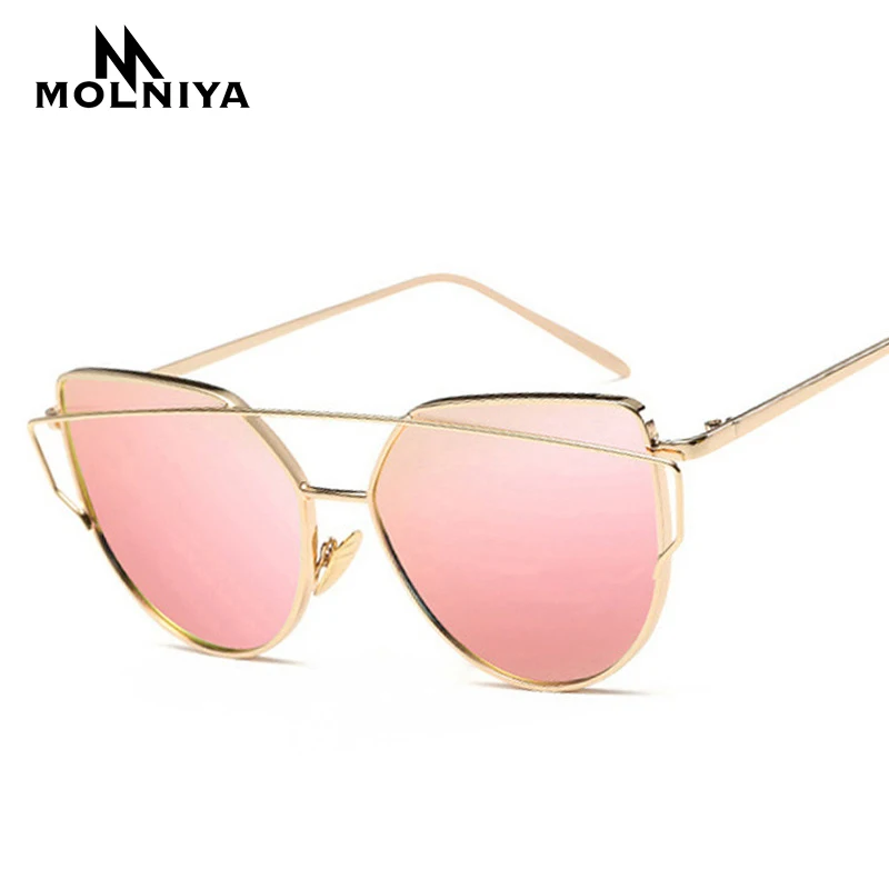Модный бренд «кошачий глаз» Для женщин из металла twin-лучей Солнцезащитные очки женские ретро очки с зеркальным покрытием плоская оправа для линз