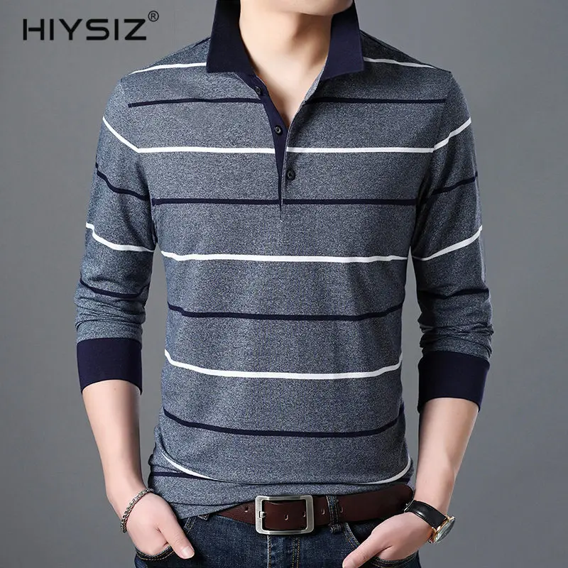 

HIYSIZ NEW T-Shirt Long 2019 Tops Brand Fashion Trend Stripe Casual Turn-down Collar Streetwear Autumn Spring Men Tshirt LT005
