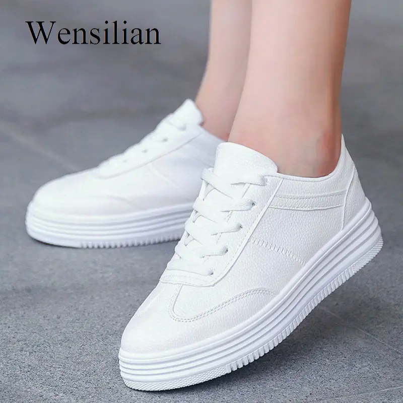 Baratos Zapatos vulcanizados para Mujer Zapatillas de deporte de plataforma blanca para Mujer zapatos de cuero PU zapatos casuales de suela gruesa para Mujer