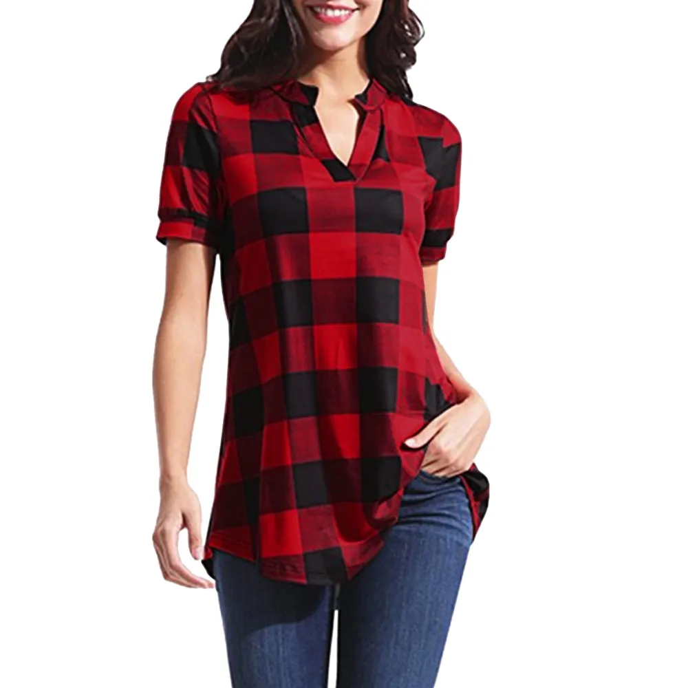 

Women's shirts blouses short sleeve new large size women's plaid shirt printing V-neck loose ladies shirt plus size tunic