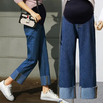 

Spring Autumn Wide Leg Women Maternity Jeans Pants For Pregnant Nursing Jeans Casual Trousers Adjustable Pregnancy Denim Pants