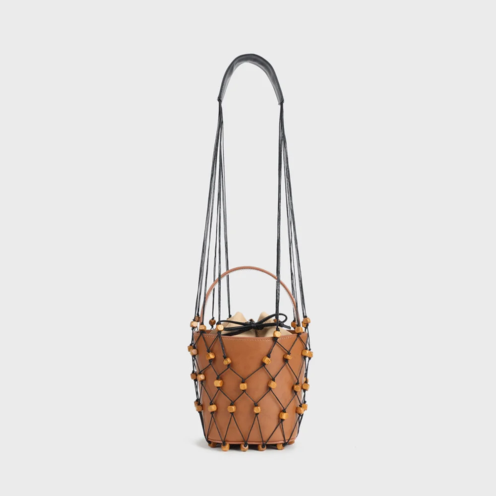 

2019 New Women Log Wooden Beads Shoulder Net Bucket Bag Hollow Out Weaving Handbag Solid Vintage Fashion Elegant Leisure Leather
