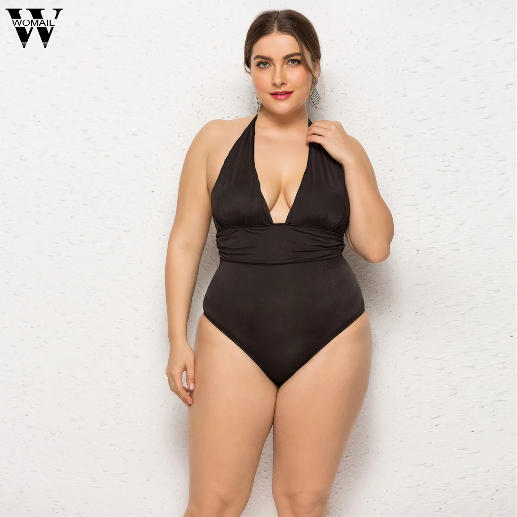 

Plus Size Women Swimsuit Solid Color Deep V piece Bathing Suits Three-Piece Set Strappy Swimsuits Large Size Female Suit