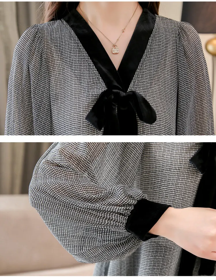 Black Plaid Shirts Women Autumn Bow V-Neck Blouses Womens Tops Elegant Long Sleeve Chiffon Blouse Autumn Tops Blusas Mujer 2019 (10)