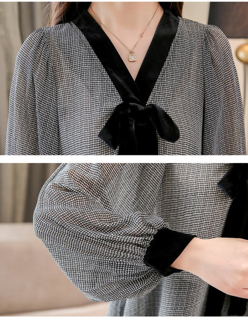Black Plaid Shirts Women Autumn Bow V-Neck Blouses Womens Tops Elegant Long Sleeve Chiffon Blouse Autumn Tops Blusas Mujer 2019 (10)