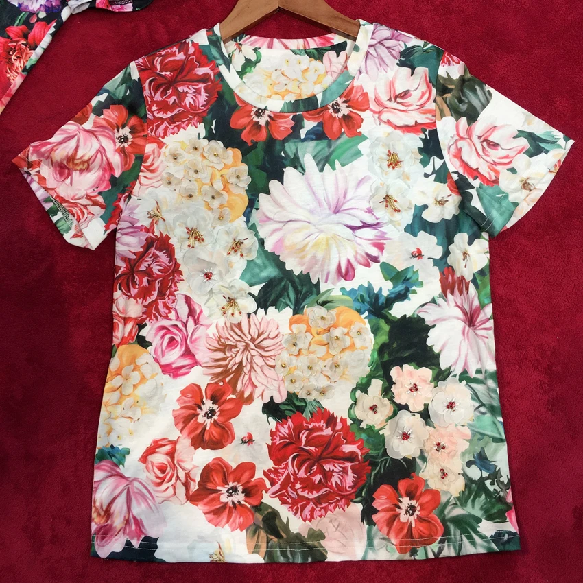 

High Quality Casual 2019 Women's Summer Designer Fashion Floral Appliques beading Diamonds print Short Sleeve Cotton T-Shirt