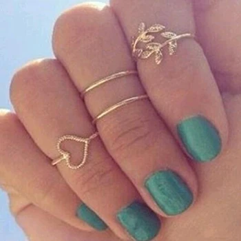 2015 New 4 Set Rings Urban Gold Plated Crystal Plain Cute Above Knuckle Ring Band Midi Ring Set auger leaves 4 ring