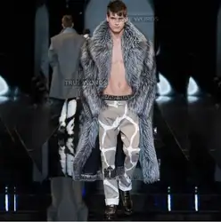 Теплый искусственного Silver Fox пальто с мехом мужская кожаная куртка Мужская Длинные плащ ворсинок костюм воротник зимние свободные