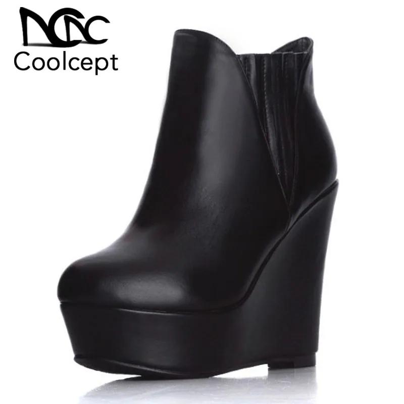 

Coolcept Fashion Women Genuine Leather High Wedges Boots Thick Bottom Platform Trifle Shoes Women Warm Ankle Boots Size 34-39