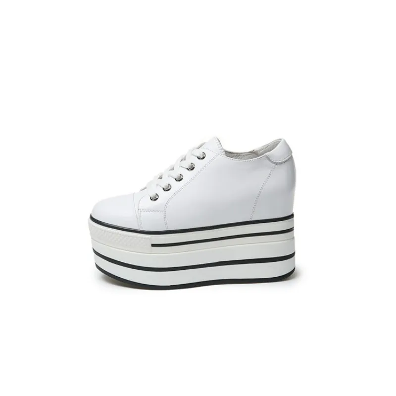 Mädchen High Sneaker Casual Heels Mode Echtem Leder Marke Keile Frauen black Dicken Creeper Schuhe White Lace Aus Pumps Plattform Up Super PCfwpq