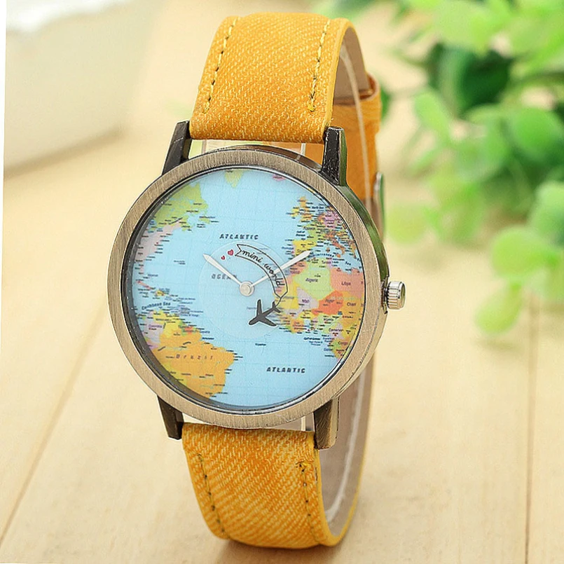 

Excellent Quality New Women Quartz Watches Denim Fabric Band Quartz Along Movement Watch Wrist-Watches Global Map for Gift