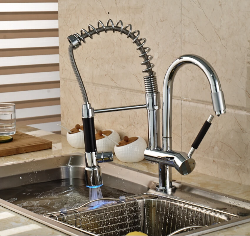LED Colors Chrome Kitchen Sink Faucet Hot And Cold Mixer Tap Single Handle One Hole