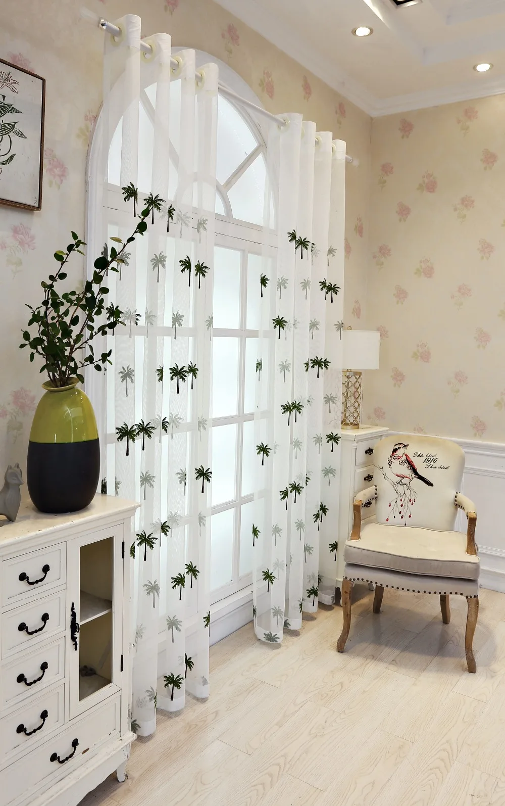 Simple Modern Coconut Tree Screen Embroidery Sheer Voile Window Drapes for Living Room Door Lace Curtains A966 (4)