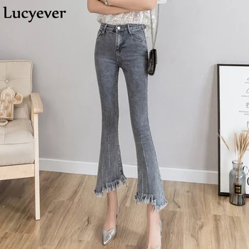 

Lucyever Elastic Women Bell Bottom Jeans Autumn High Waist Tassel Skinny Ankle Length Denim Pants Fashion Casual Korean Mom Jean