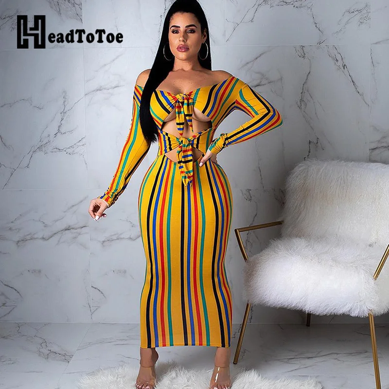 

Colorful Stripes Printed Women Bodycon Dress Bow Tie Front Sexy V-neck Female Long Sleeve Maxi Dress Skinny Fit Long Dresses