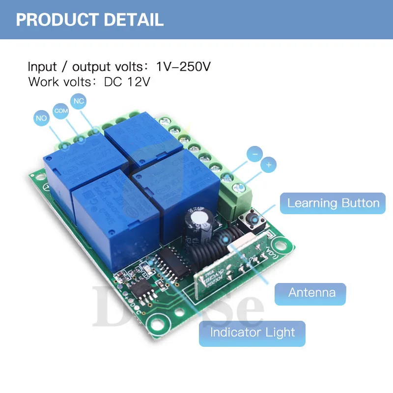 433mhz dc12v 4 gang, receptor e transmissor