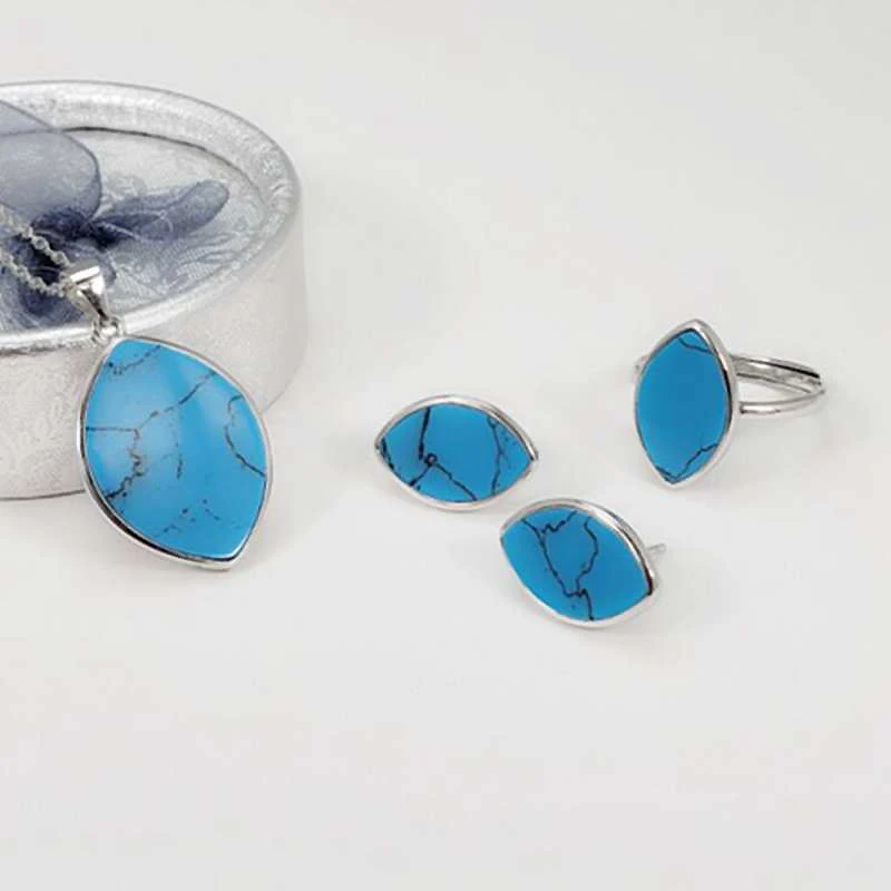 

European Blue Turquoise Natural Gemstone Jewelry Sets 100% 925 Sterling Silver Necklace/Earrings/Ring Women Jewelry Set YJS025