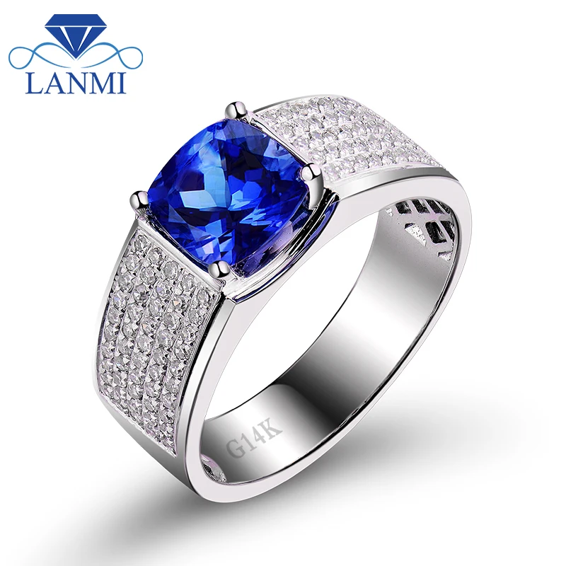 Diamond Around Natural Blue Tanzanite Wedding Men's Rings Solid 14K