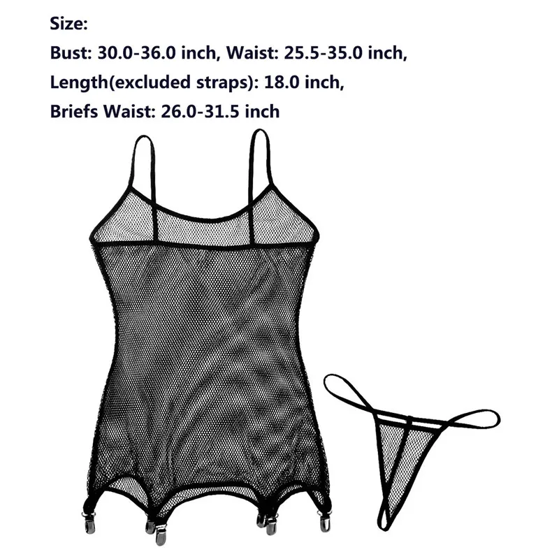 2Pcs Sexy Women Fishnet Lingerie Spaghetti Shoulder Straps Corset with Suspenders Clips Stockings Teddy Bodysuit with Briefs