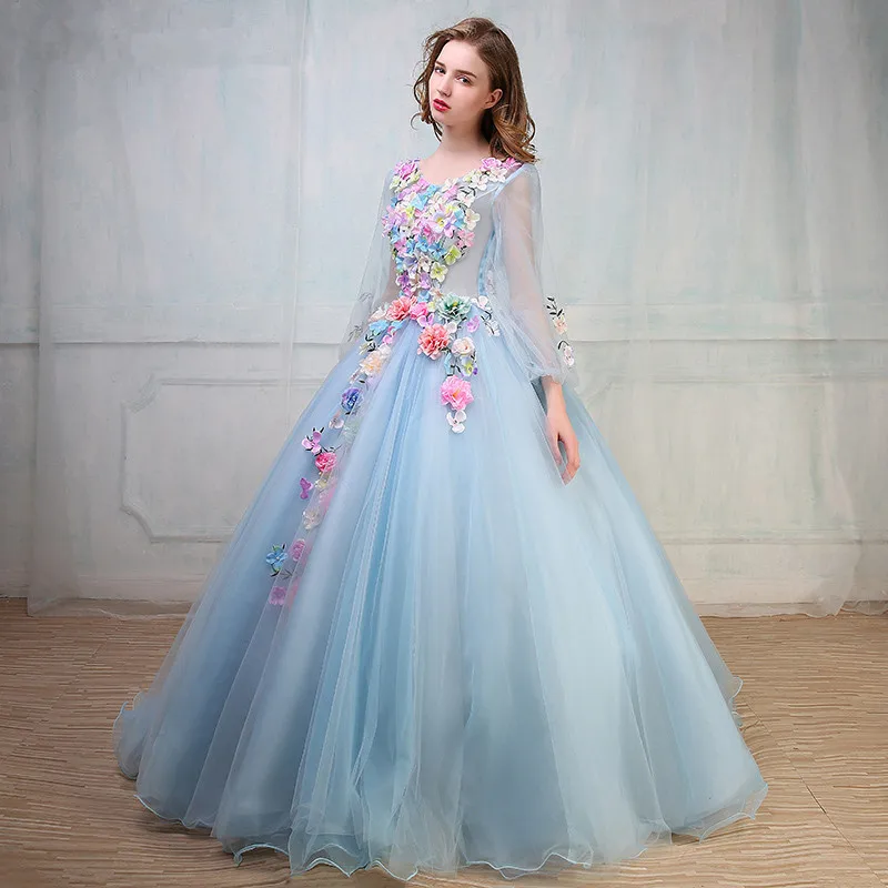 Robe de soiree, Цветочная фея,, длинный рукав, шнуровка, банкет, тост, длинное вечернее платье, vestido de festa, платья для выпускного вечера - Цвет: blue floor length