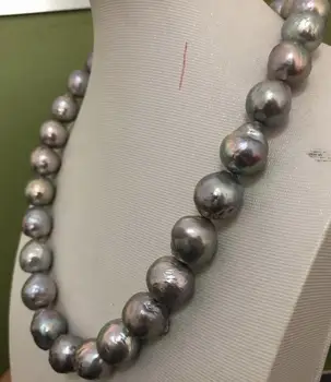 

huge 13-15mm baroque south sea grey pearl necklace 18inch 925s KKK