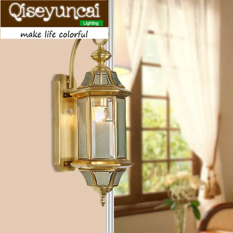 Qiseyuncai 2018 новый европейский стиль Медь Настенный светильник вилла прохода дома двор освещения стекло паяльная лампы