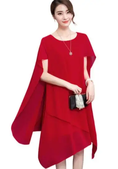 2019 New Summer Chiffon Asymmetric Plus Size Cape Women Dress Short Sleeves Knee Length Dresses Big Party DC980 | Женская одежда