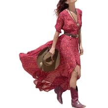 Лето шифон Boho платье Для женщин Повседневное Цветочный Sexy v-образным вырезом Макси пляжное платье Vestidos с рукавом три четверти Разделение Макси платье **
