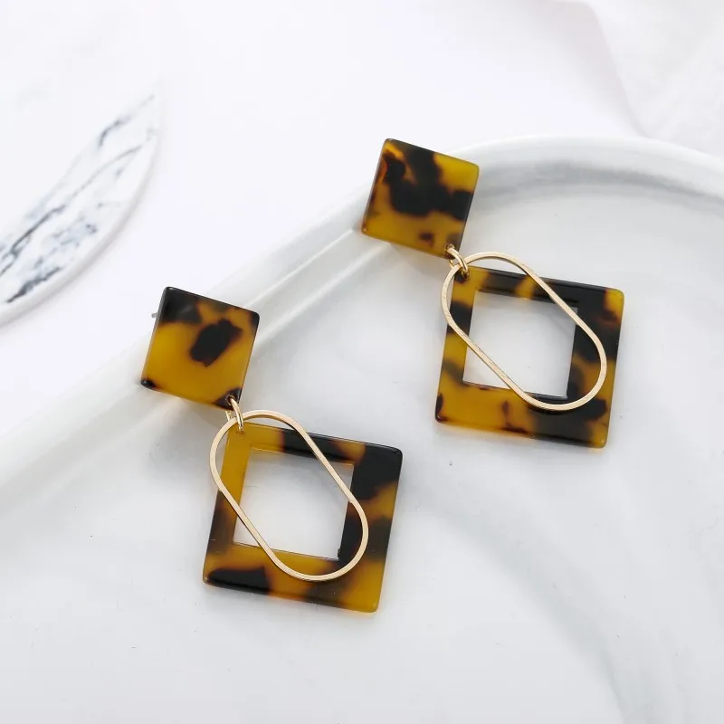 

2019 Trendy Geometric Square Drop Earrings For Women Vintage Brown Leopard Resin Acrylic Dangle Earring Ladies Statement Jewelry