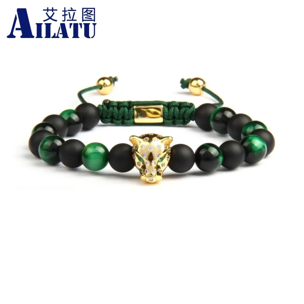 

Ailatu Men Panther Cz Bracelet 8mm Natural Matte Onyx & Green Tiger Eye Stone Leopard Macrame Jewelry Add Logo Back Bead