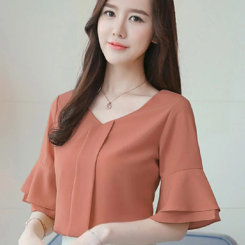

2019 Womens Tops And Blouses Summer Flare Sleeve Chiffon Blouse Shirt Women Tops Ladies Work Wear Office Blusa Feminina Shirts