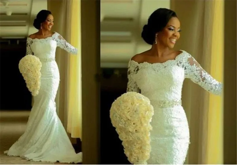 2019 Fashion Nigerian 3 4 Sleeves Applique Lace Mermaid Wedding