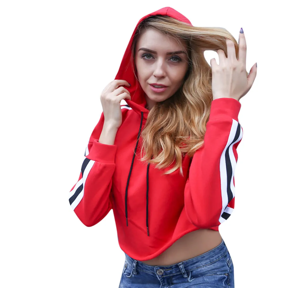 Cropped Hoodie Women Loose Long Sleeve Strip Print Hoodies Sweatshirt
