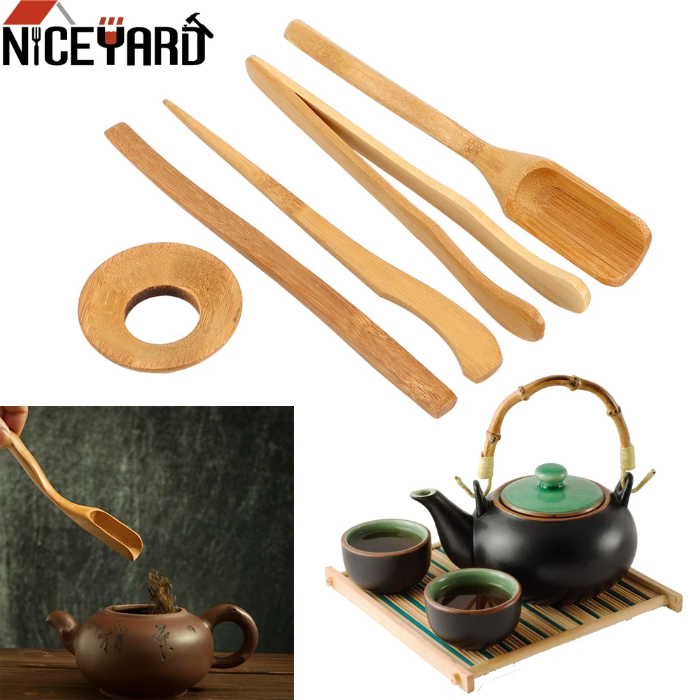 

NICEYARD 5 pieces/set Bamboo Teaspoons Needle Tweezer Clip Strainer Tong Tube Set Tea Ceremony Utensils Set Wooden Teaware