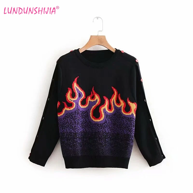 

LUNDUNSHIJIA Women Sweater Vintage Flame jacquard Knitted Pullovers 2019 Spring Autumn Long Sleeve Short Black Sweaters