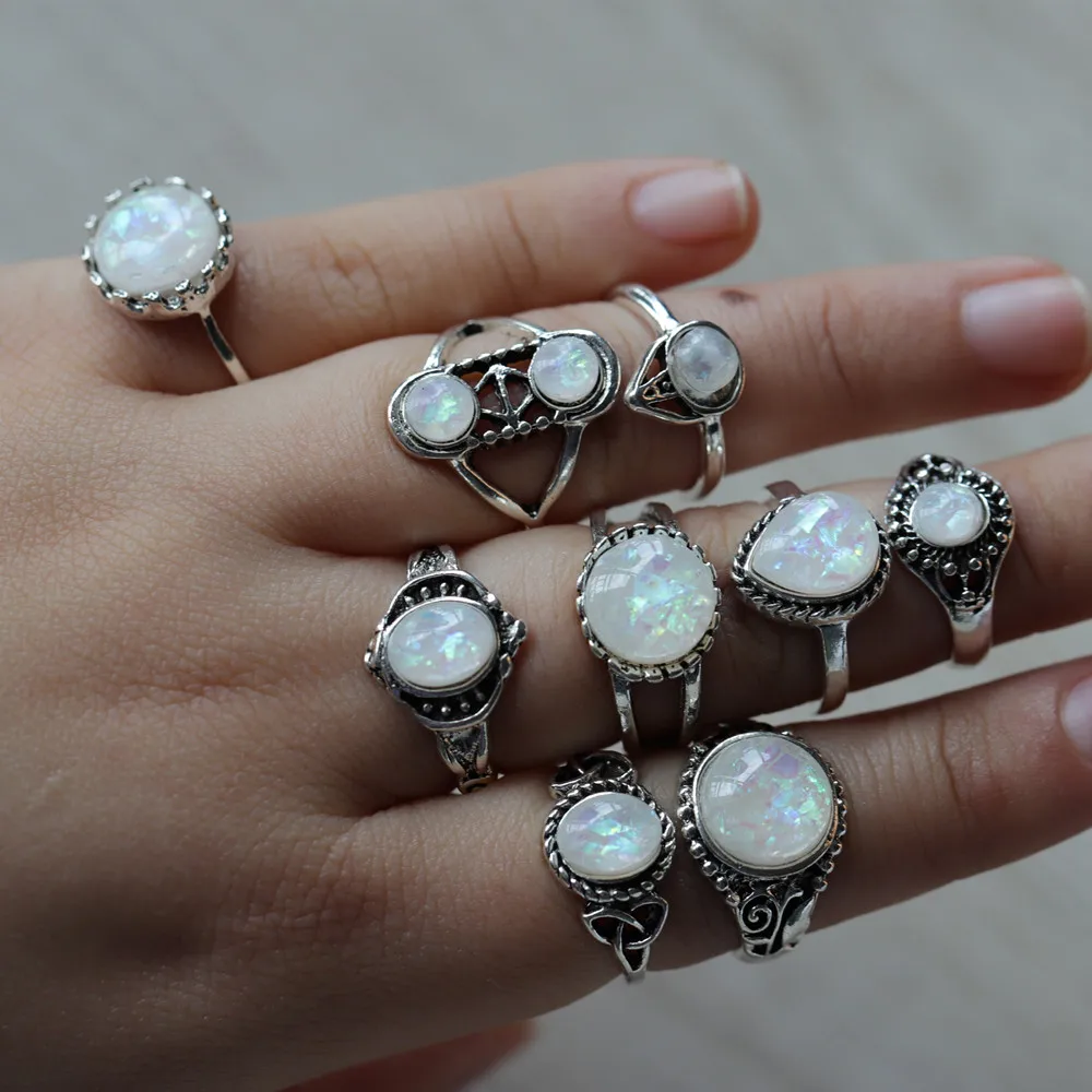 

Chic 9Pcs/Set Opal Crystal Ring Set Charm Luxury Gem Ring for Women Wedding Engagement Jewelry Party Gifts