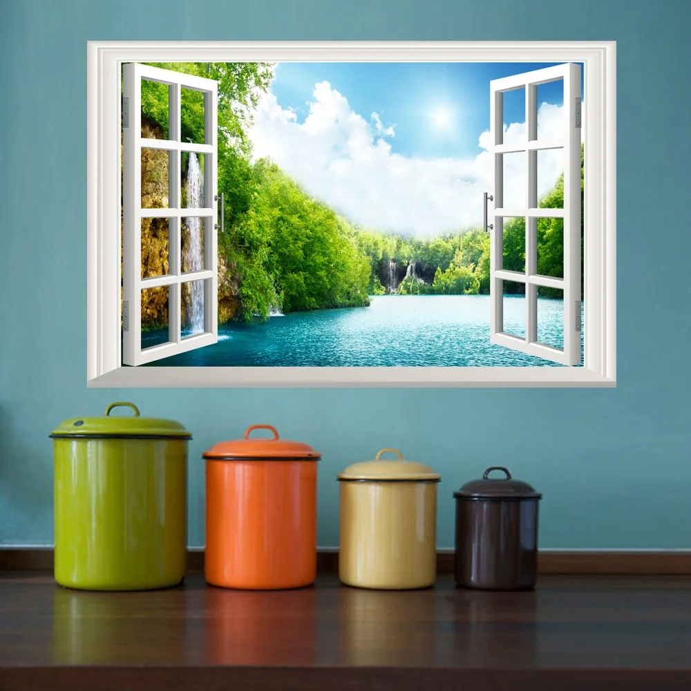 Forest lake Window Scenery 3D wall stickers PVC Material Natural lake Wall Decals For Living