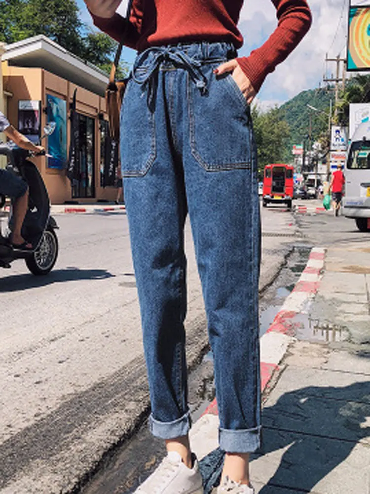 Vaqueros Dark Primavera Blue Sueltos Y Mujeres Pantalones 2019 Cintura Hee De Sólido Wkn619 Deawstring Con Bolsillos Nuevas Gran Las Alta Casuales qxgH50wS
