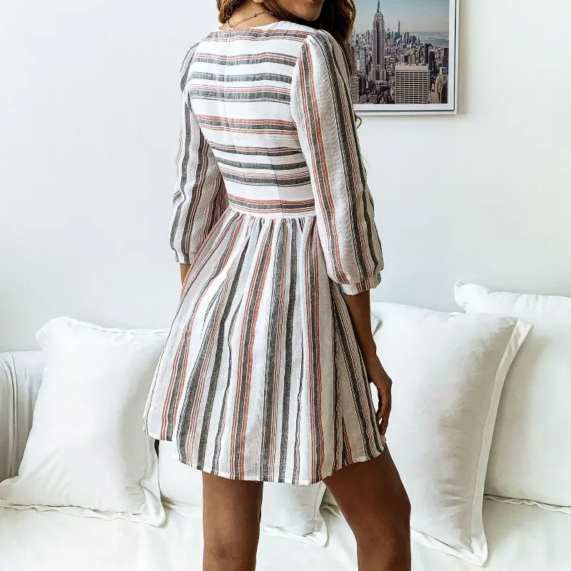 Vestidos женское летнее пляжное платье А силуэта в полоску с коротким рукавом
