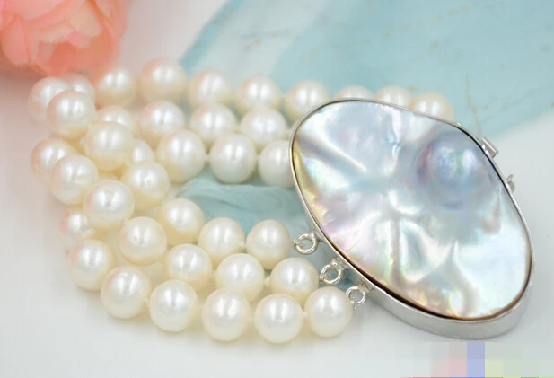 

free shipping 01178 3row 8" ROUND white Freshwater cultured PEARL bracelet mabe clas