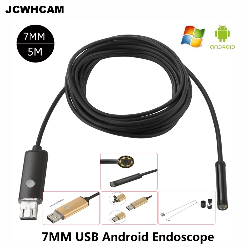 JCWHCAM 7mm Lens IP68 Waterproof Android Endoscope 5m Cable USB Camera Inspection Borescope Car For PC&ampphone | Безопасность и