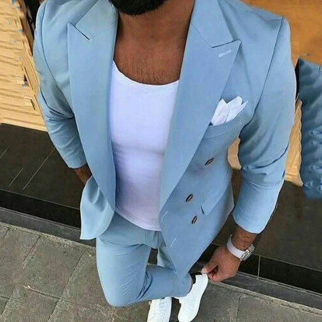 Летние последние пальто брюки светло голубой мужской костюм двубортный Свадебные смокинги для жениха Homme Slim Fit Terno Masculino 2 шт
