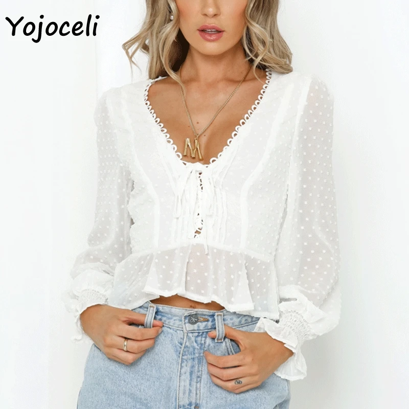 

Yojoceli cute lace crochet dobby dot blouses shirt women chiffon blouses casual female blusas shirt tops