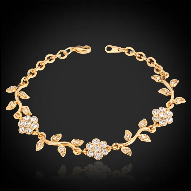 Fashion Jewelry French Golden Bracelet For Women Yellow Fashion Jewelry French Golden Bracelet For Women Yellow Gold Color Charms Rhinestone Flower Bracelets