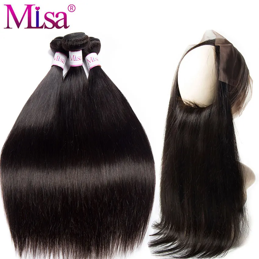 

Mi Lisa 360 Lace Frontal Closure With Bundles Peruvian Hair Weave Straight Hair Bundles Remy Human Hair 3 Bundles With Frontal