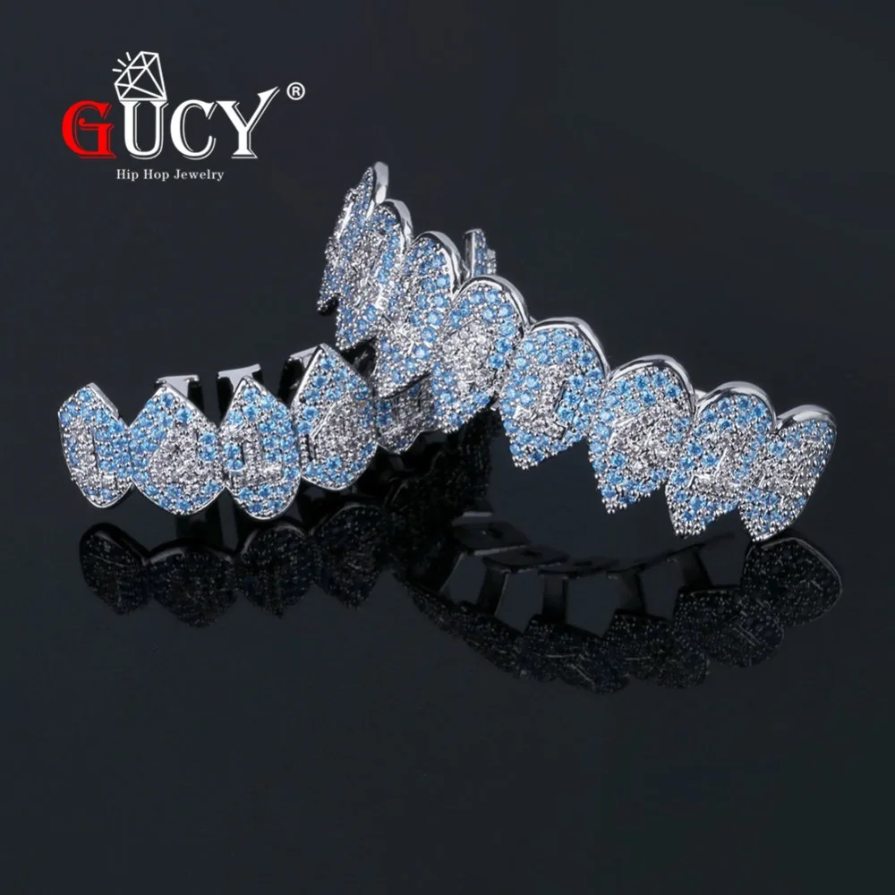 Goede GUCY Iced Out Hip Hop 1414 Tanden Grillz Bling AAA Kubieke Zirkoon Zilveren Kleur Acht 8 Top Bottom Vampire tand Grills Set Voor Gift