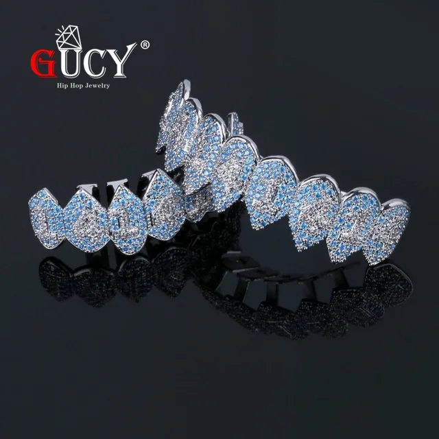US $12.99 GUCY Iced Out Hip Hop 1414 Teeth Grillz Bling AAA Cubic Zircon Silver Color Eight 8 Top&Bottom Vamp